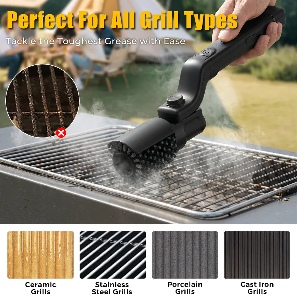 Electric BBQ Grill Brush in use on grill
